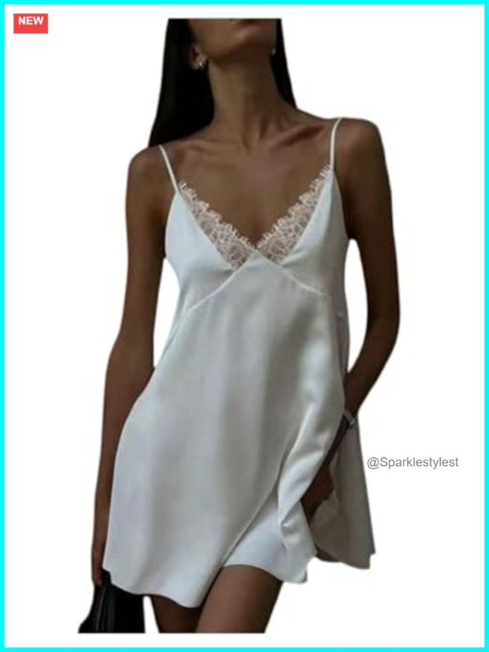 WDIRARA Lace Trim V Neck Satin Mini Dress Spaghetti Strap Tie Backless